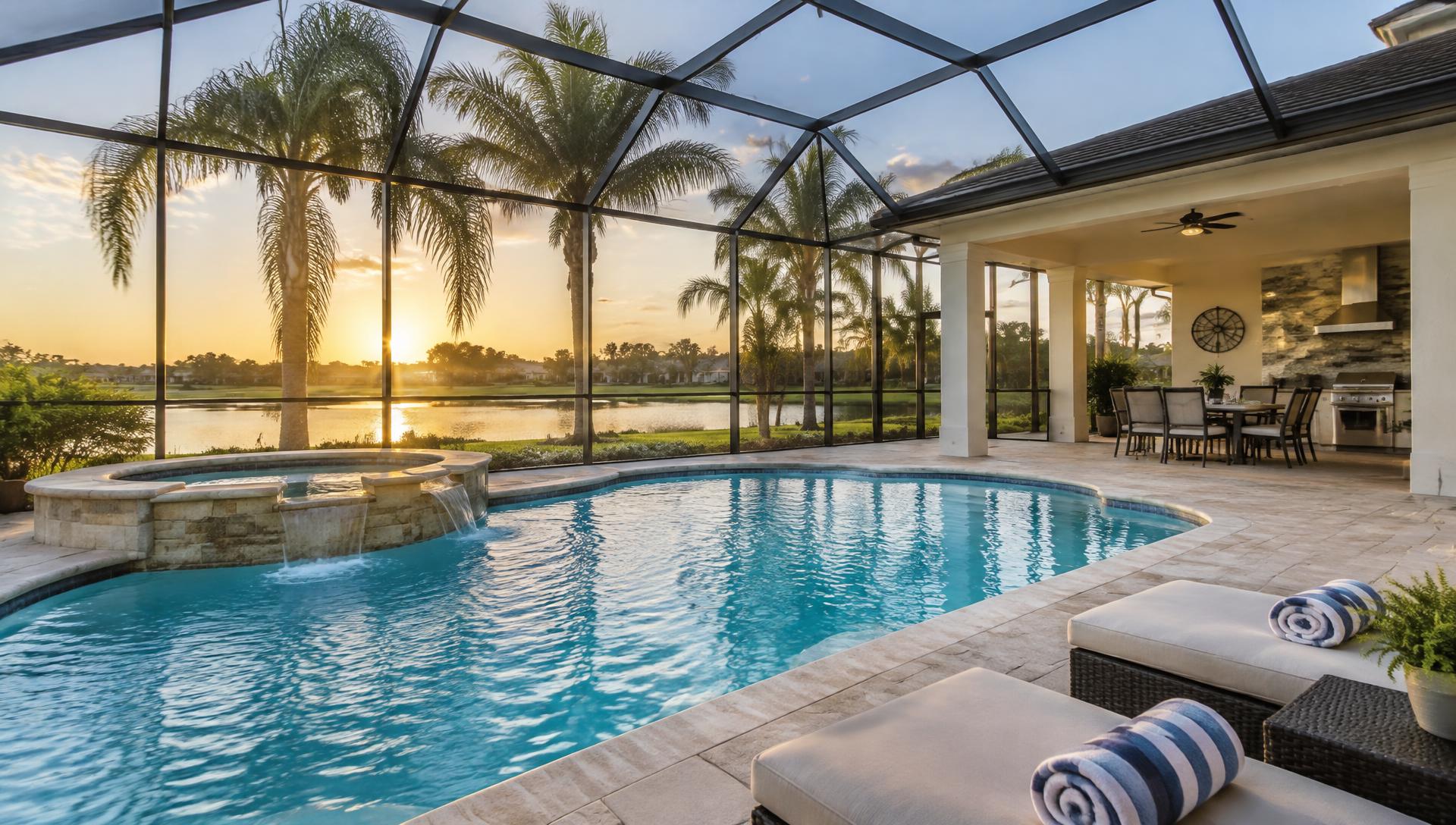 Clean Florida home with a sparkling pool inside a screened patio enclosure at sunset